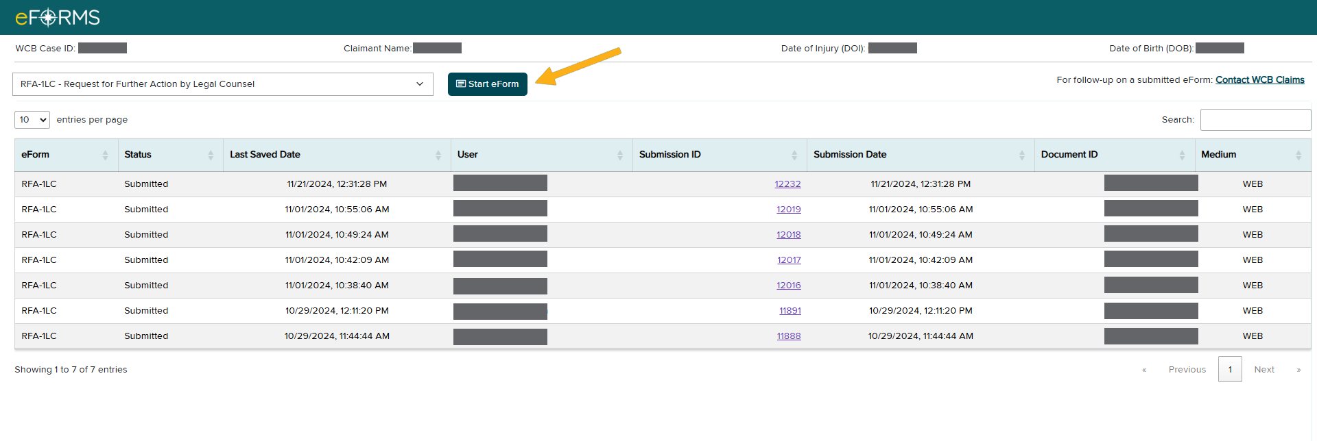 start eform button
