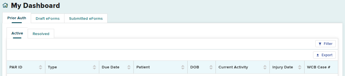 Dashboard Prior Authorization Active tab Columns