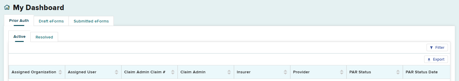 Dashboard Prior Authorization Active tab Columns
