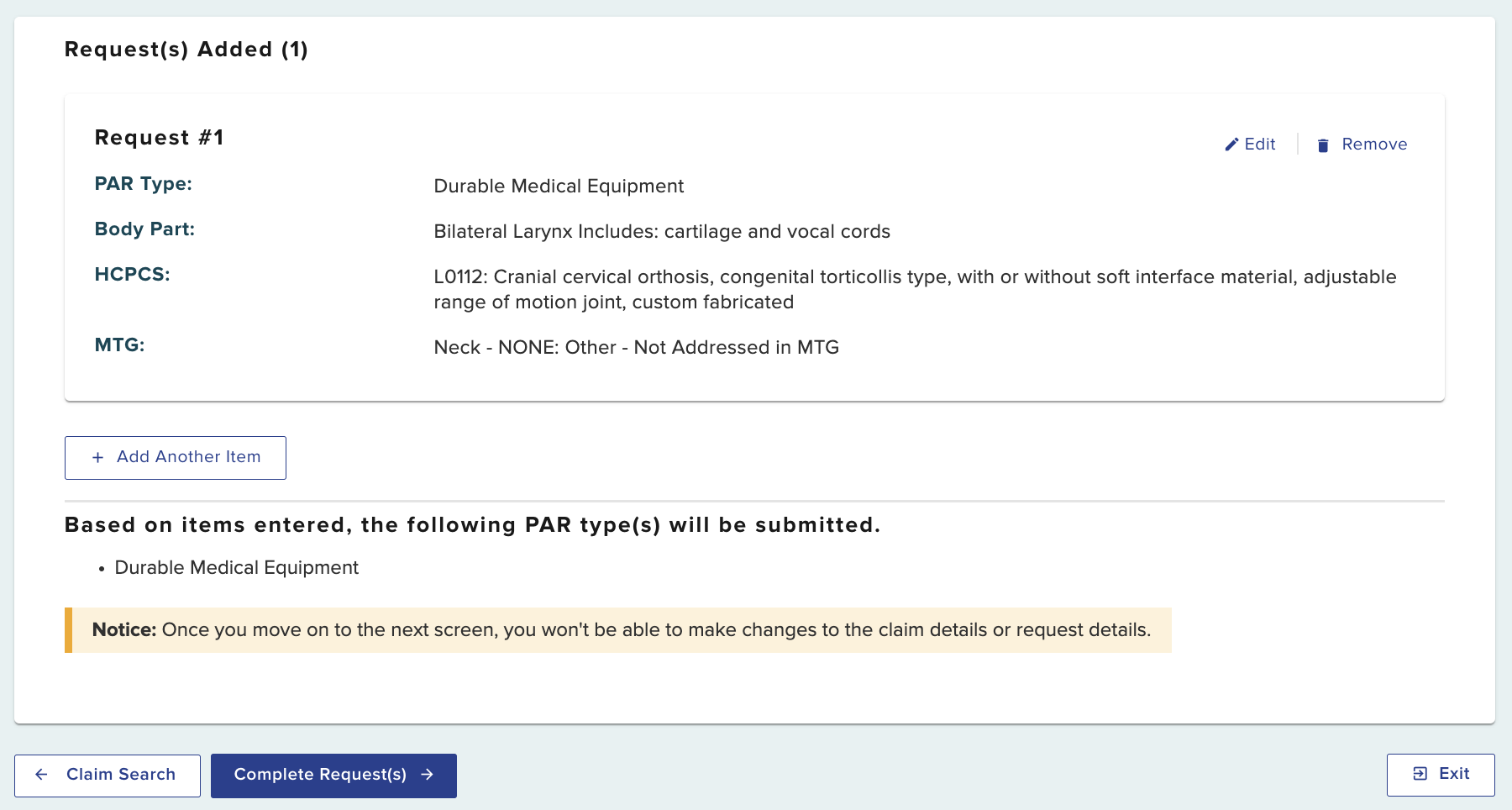 DME Item added to submission