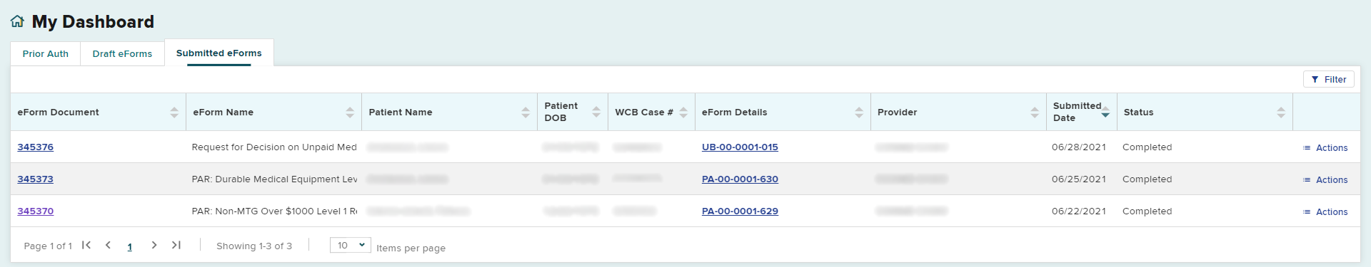 Submitted eForms Page