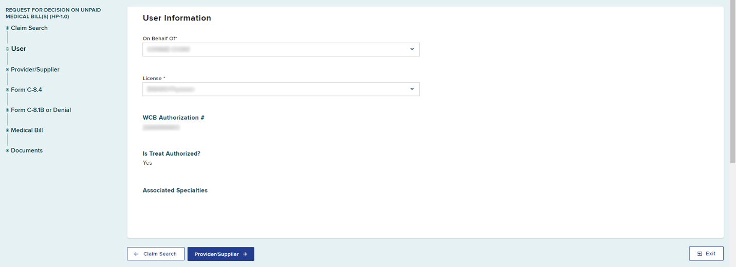 User Information screen